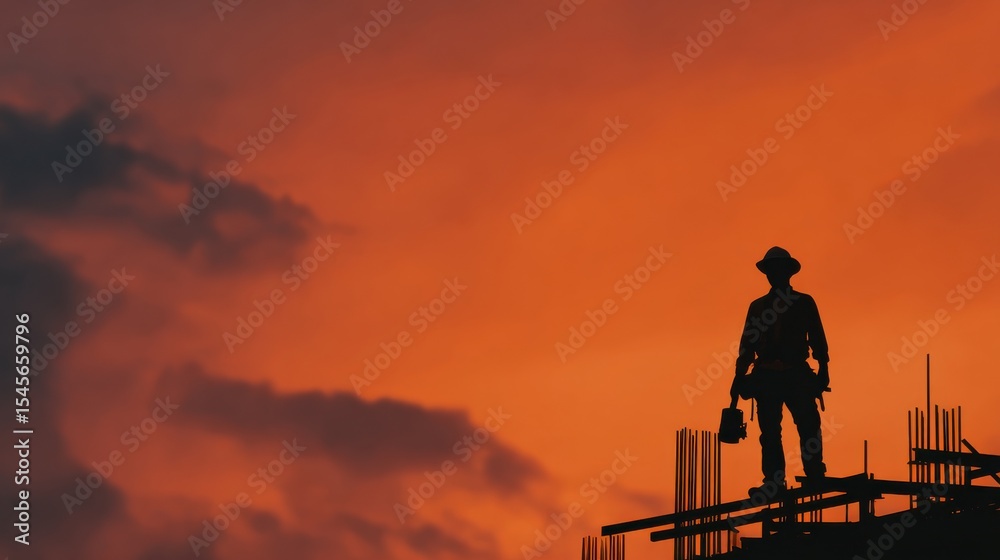 Fototapeta premium Construction worker silhouetted against dramatic sunset urban building site photography industrial environment low angle view labor spirit