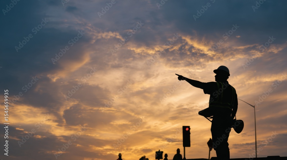Construction worker directing traffic at sunset urban setting photography cityscape silhouette industry Construction worker directing traffic at sunset urban setting photography cityscape silhouette industry