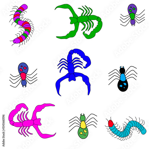 Vector illustration of Spiders, scorpions and centipedes in various bright colors