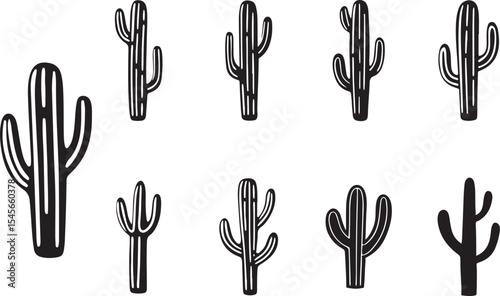Cactus Illustration Collection Featuring Unique Styles, Shapes, and Inked Details for Desert Botanical Design Concepts.