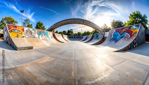 Skate ramps with bold graffiti and smooth concrete wide angle shot