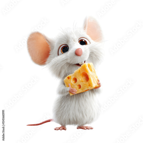 3d animation white mouse carrying a piece of cheese on its back. transparent background, isolated, png