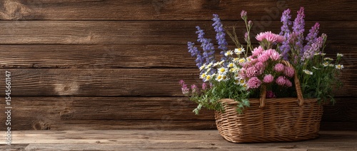 Rustic wicker basket overflowing with a vibrant mix of purple, pink, and white wildflowers sits on a weathered wooden surface against a dark wood backdrop