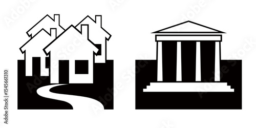 Houses and Courthouse icon on white background