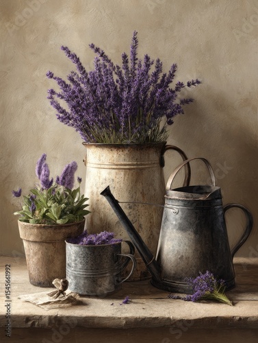 Rustic still life of lavender in aged metal containers and pots on a wooden surface against a textured background