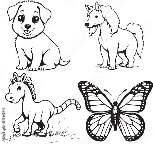 A dog is sitting on the grass. A horse is standing next to the dog. A butterfly is flying in the air
