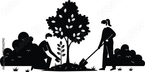 Man and woman planting tree together in park, environment care teamwork illustration, garden work people silhouette, nature conservation concept, eco-friendly green lifestyle vector