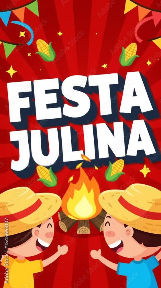 Ilustração de Festa Julina com Crianças, Milho, Fogueira e Decorações Festivas