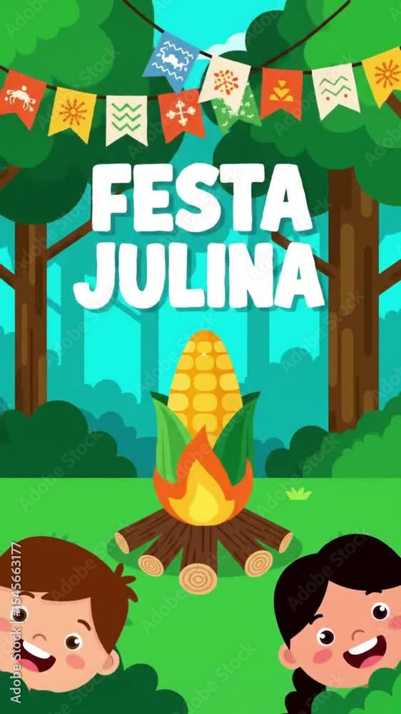 Celebração de Festa Julina com fogueira, milho, crianças e faixa festiva em arte gráfica