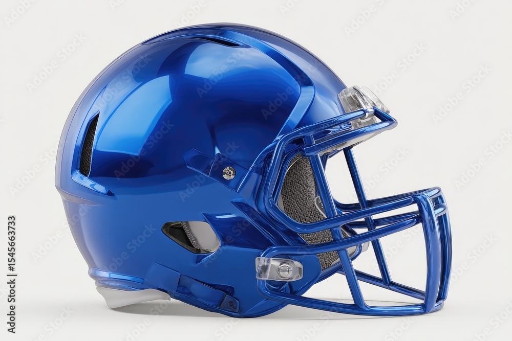 Fototapeta premium Shiny blue football helmet, side view, metallic finish, modern design, on a neutral background