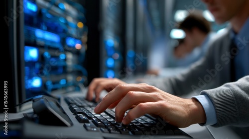 Network Administrator Typing on Keyboard in Server Room Environment