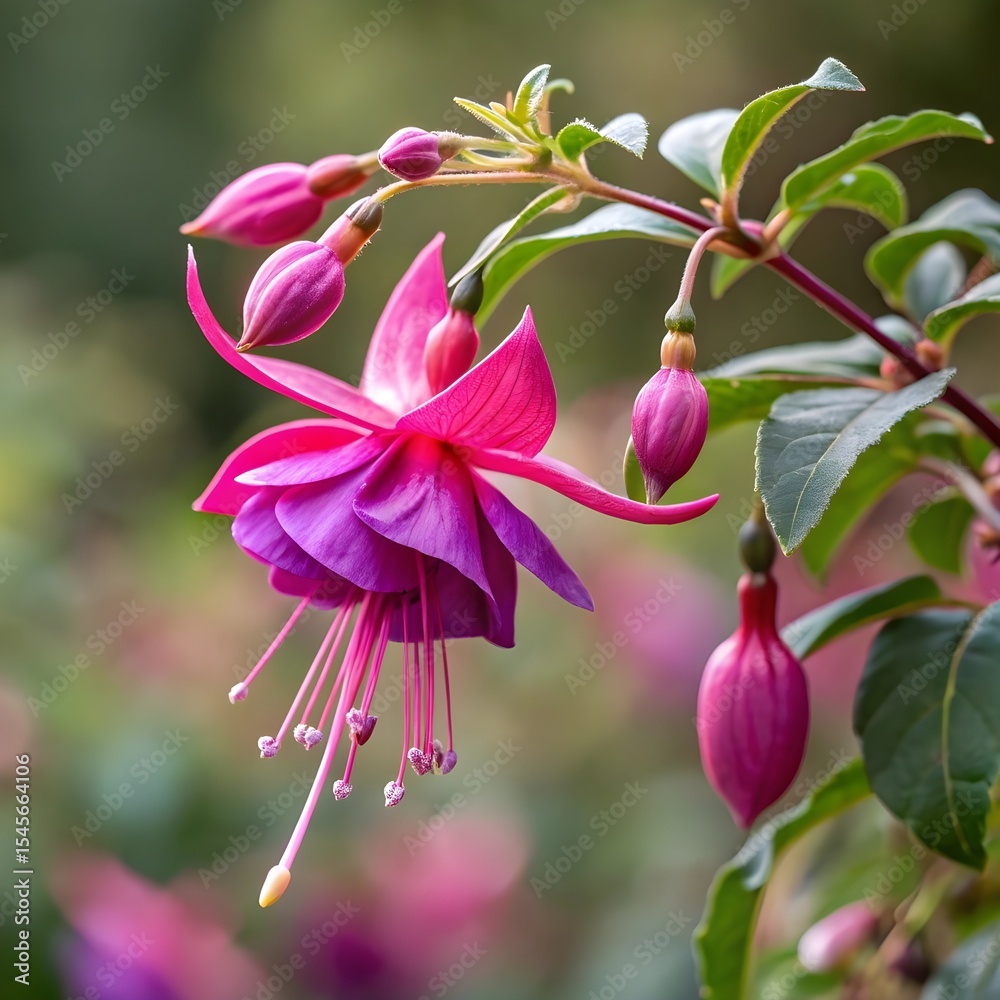 Obraz premium A vibrant pink fuchsia flower with multiple buds and leaves, set against a blurred green background.