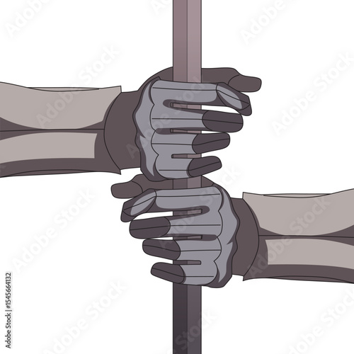 Vector illustration of two hands in gloves gripping a pole, representing teamwork, struggle, strength, or opposition. Ideal for sports, effort, or power visuals.