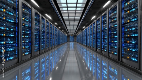 Server Room Corridor with Perspective View of Computer Racks