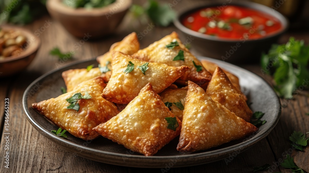 Plate of Fried Samosas with Sauce and Herbs Plate of Fried Samosas with Sauce and Herbs