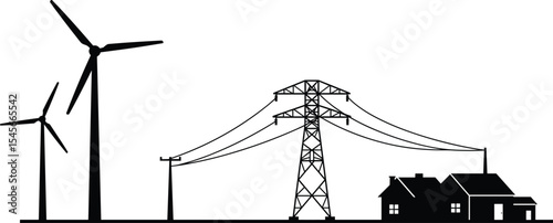Wind turbine power generation with electric tower and home connection, renewable energy illustration, sustainable electricity grid, clean energy supply network, eco-friendly power distribution design