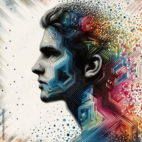 High contrast side profile background dissolving into geometric