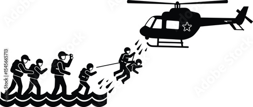 Rescue Operation, Public Service, Water Rescue, Vector Illustration, Emergency Scene, Aerial View, Public Service Concept
