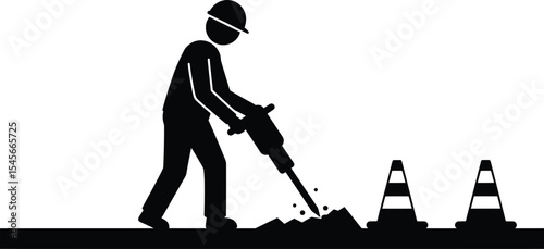 Construction Worker Digging, Urban Area, Vector Illustration, Safety Environment, Side View