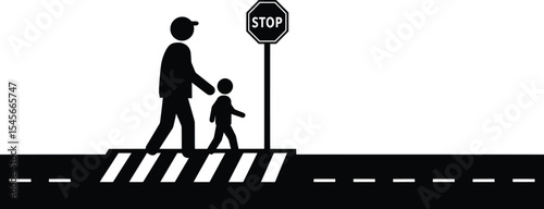 Pedestrian Crossing with Parent and Child, Urban Environment, Vector Design