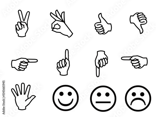 Hand gestures and emoticons on white background