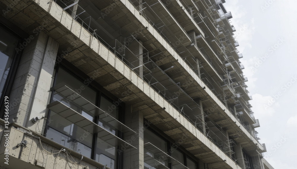 modern concrete building with large windows and metal railings, showcasing industrial architectural style. structure features multiple floors with repetitive pattern, creating geometric aesthetic modern concrete building with large windows and metal railings, showcasing industrial architectural style. structure features multiple floors with repetitive pattern, creating geometric aesthetic