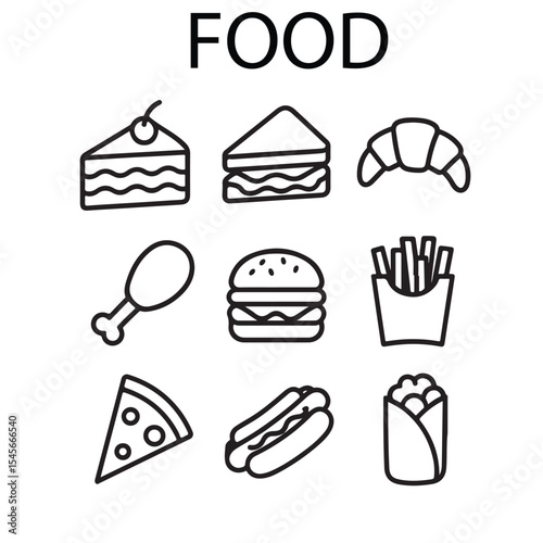  food line editable 30 icon set. Containing cake, sandwitch, bakery food, fast food, and more. Editable stroke. Vector illustration