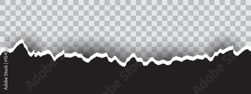 Torn, ripped pieces of horizontal black paper with soft shadow are on grey square background for text. Abstract realistic ornament or decoration clip art for social media banner background. eps 10