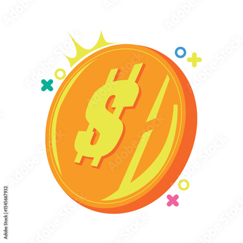 Cute and colorful flat icon of a gold coin. Ideal for illustrating currency, games, savings, or financial themes. Useful for UI/UX, app design, banking visuals, crypto icons, or fintech illustrations.