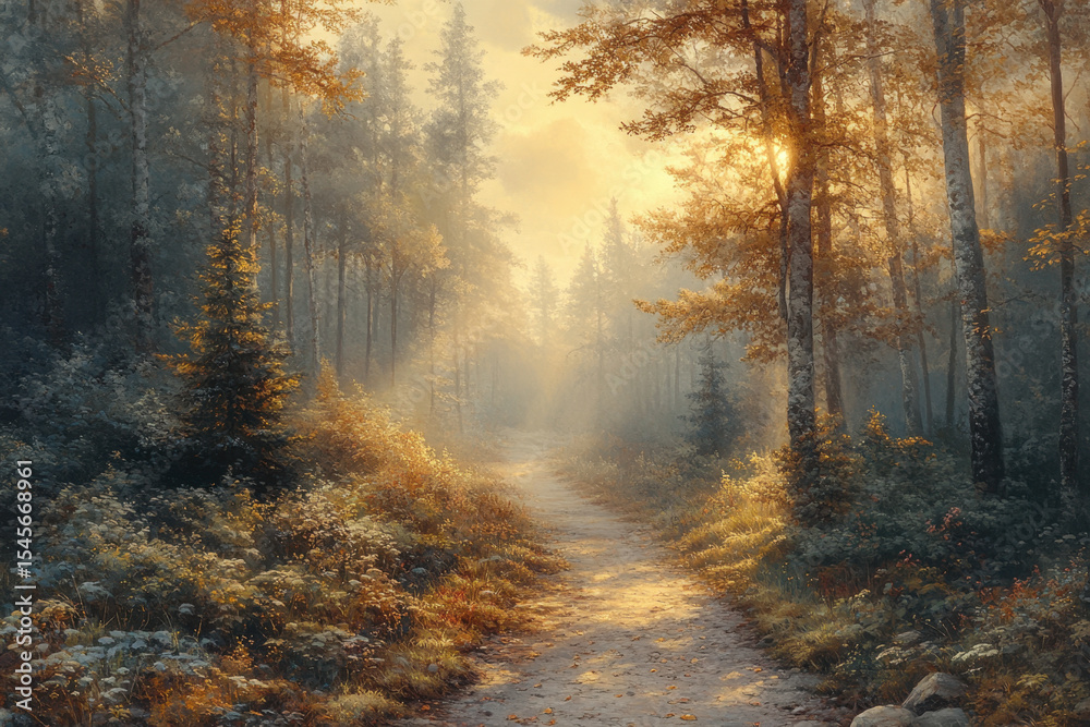 Fototapeta premium Path winding through lush forest in painting.