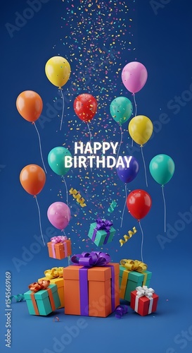  Festive birthday greeting with balloons, gifts, and confetti on a blue background image AI.