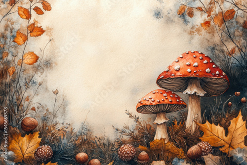 Mushrooms and leaves against watercolor autumn background.