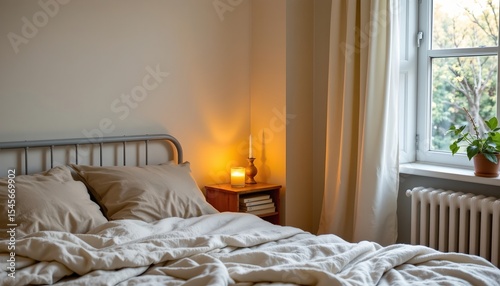 a bedroom with a bed covered in a white comforter. the room has white walls, wooden flooring, and is illuminated by what appears to be natural light coming through the window.