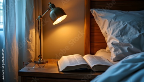a cozy bedroom setting with a bedside table that has a lamp and an open book. the room is darkened except for a soft light emanating from the lamp