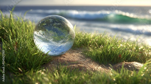 A crystal-clear sphere reflecting the serene seascape on a grassy shore.