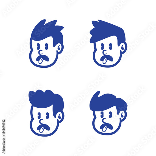 Set of four playful cartoon boy face logos in different hairstyles. Perfect for kid's brand, mascot design, or retro-themed branding. EPS vector included