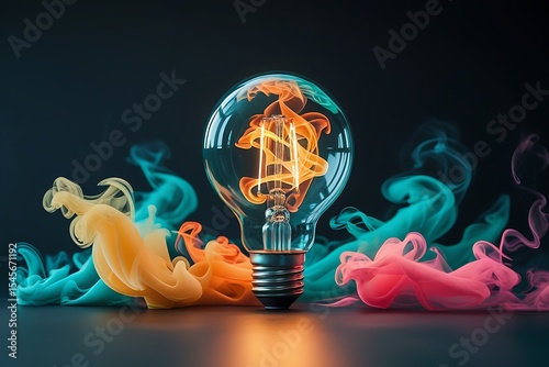 Illuminated Lightbulb with Colorful Smoke Swirls orange
