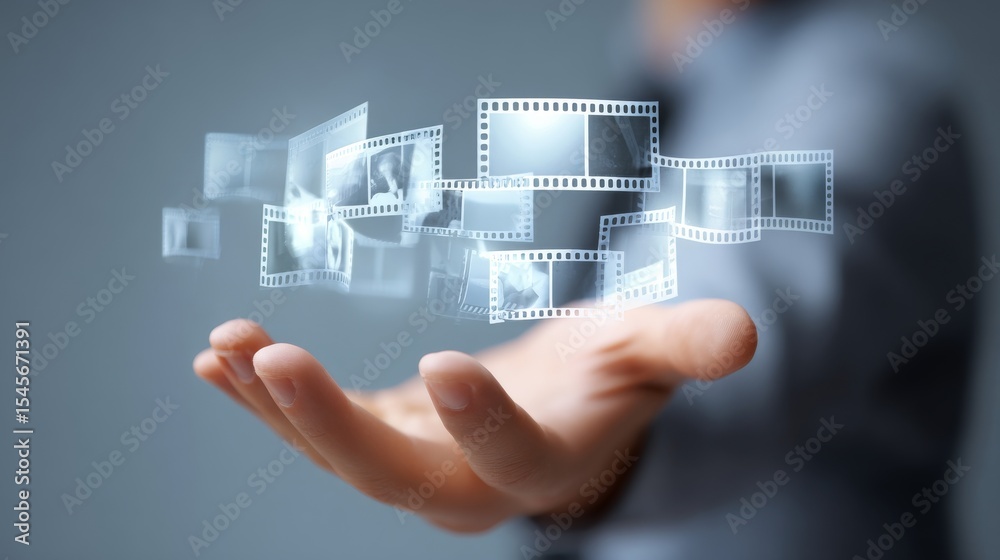 Obraz premium A hand holding digital images in a futuristic setting, representing innovation.