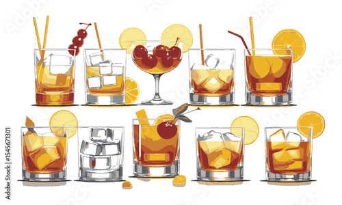 Modern vector illustration featuring classic whiskey-based cocktails in short, ice cubes, lemon slice and cherry garnish in lowball glasses, easily editable and scalable.