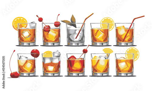 Modern vector illustration featuring classic whiskey-based cocktails in short, ice cubes, lemon slice and cherry garnish in lowball glasses, easily editable and scalable.