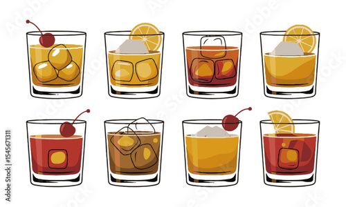 Modern vector illustration featuring classic whiskey-based cocktails in short, ice cubes, lemon slice and cherry garnish in lowball glasses, easily editable and scalable.