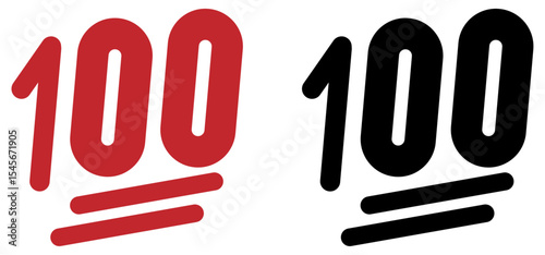 Hundred points symbols in red and black with white background. One hundred vector icon. hundred-point emoji. Hundred, 100, vector, icon, symbols.