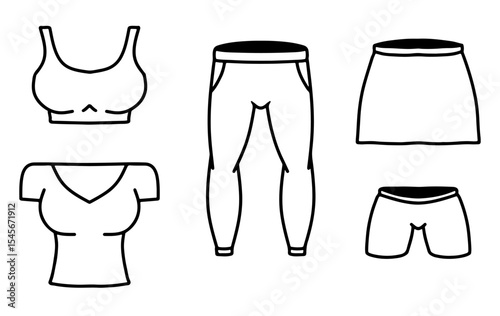 Vector illustration of hand drawn black ink line girl's sportswear