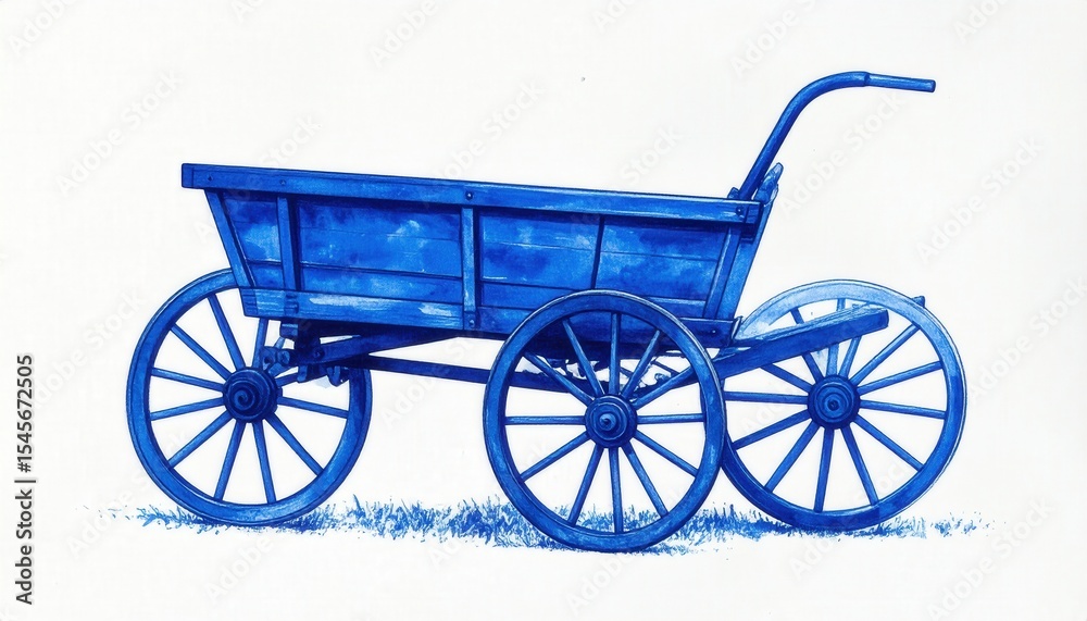 Fototapeta premium Cobalt Blue Wooden Wagon with Spoked Wheels on White Background