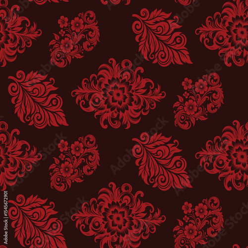 Classic red damask seamless pattern with ornate floral medallions on a dark burgundy background. A luxurious and traditional design for opulent wallpaper and fabric.