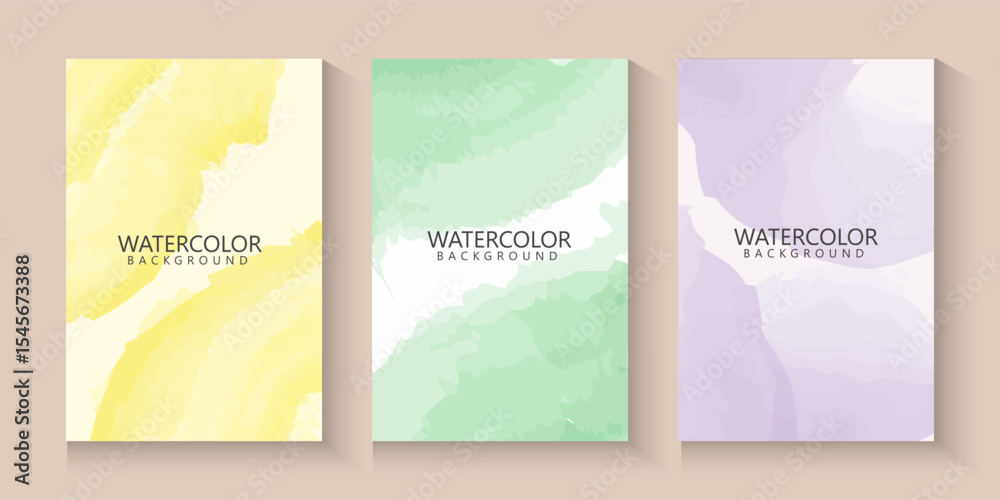 Set of abstact watercolor cards background vector. Minimal hand painted colorful drawing style,  botanical flowers texture. Design illustration for wedding, vip cover, poster, rsvp modern card, summer