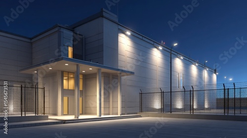 Modern Data Center Building Exterior at Night with Illuminated Facade