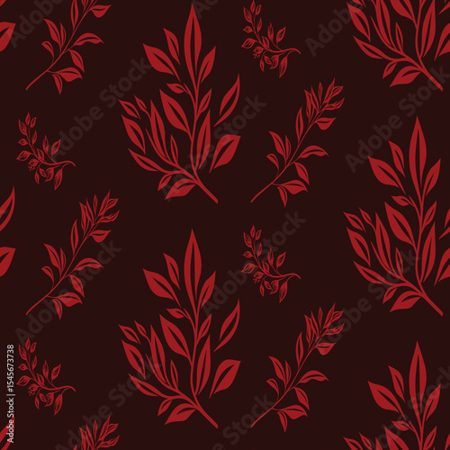 Modern seamless pattern with stylized red botanical leaf silhouettes on a dark background. A simple yet bold design for contemporary fabric and wrapping paper.