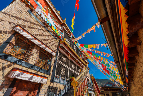 Colorful Tibetan Prayer Flags and Architecture of Songzanlin Monastery