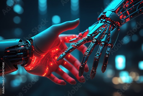 Robotic Hand and Human Hand Reaching Connection Red Blue Lights